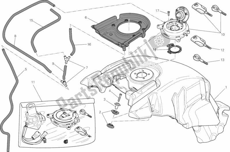 All parts for the Fuel Tank of the Ducati Diavel Brasil 1200 2012